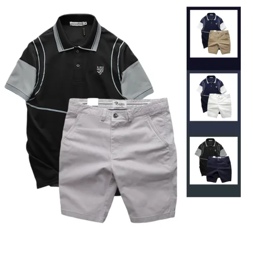 Bộ nam Pack Horse gồm áo thun polo thêu nổi logo, in chữ Trinity và short kaki