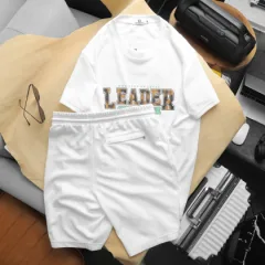 Bộ nam áo cổ tròn phối quần short in chữ Leader