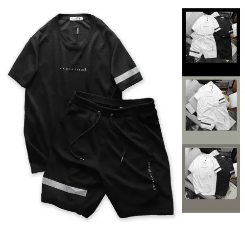 Bộ đồ nam in chữ Orgininal viền sọc gồm áo tay ngắn và quần short