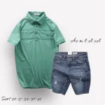 Nơi lấy sỉ set Bộ Nam Quần Short Jeans Phối Áo Thun Cotton Tay Ngắn Cổ Bẻ Có Túi