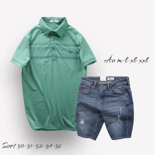 Nơi lấy sỉ set Bộ Nam Quần Short Jeans Phối Áo Thun Cotton Tay Ngắn Cổ Bẻ Có Túi