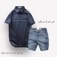 Nơi lấy sỉ set Bộ Nam Quần Short Jeans Phối Áo Thun Cotton Tay Ngắn Cổ Bẻ Có Túi
