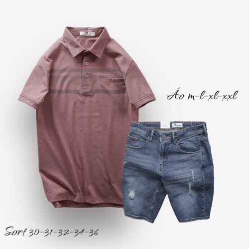 Nơi lấy sỉ set Bộ Nam Quần Short Jeans Phối Áo Thun Cotton Tay Ngắn Cổ Bẻ Có Túi