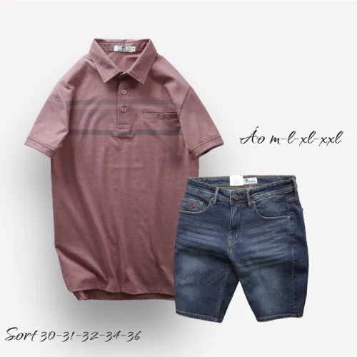 Nơi lấy sỉ set Bộ Nam Quần Short Jeans Phối Áo Thun Cotton Tay Ngắn Cổ Bẻ Có Túi