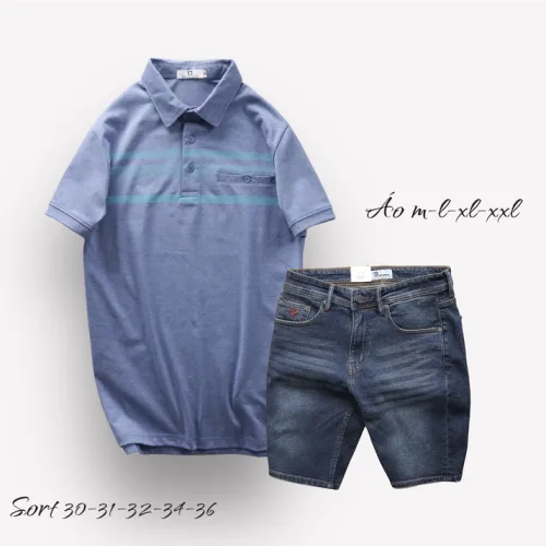 Nơi lấy sỉ set Bộ Nam Quần Short Jeans Phối Áo Thun Cotton Tay Ngắn Cổ Bẻ Có Túi