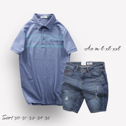 Nơi lấy sỉ set Bộ Nam Quần Short Jeans Phối Áo Thun Cotton Tay Ngắn Cổ Bẻ Có Túi