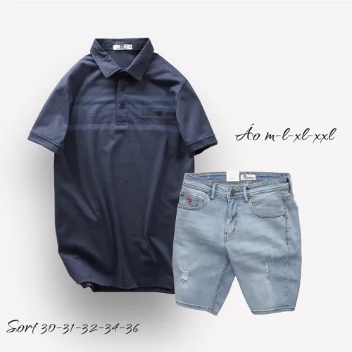Nơi lấy sỉ set Bộ Nam Quần Short Jeans Phối Áo Thun Cotton Tay Ngắn Cổ Bẻ Có Túi