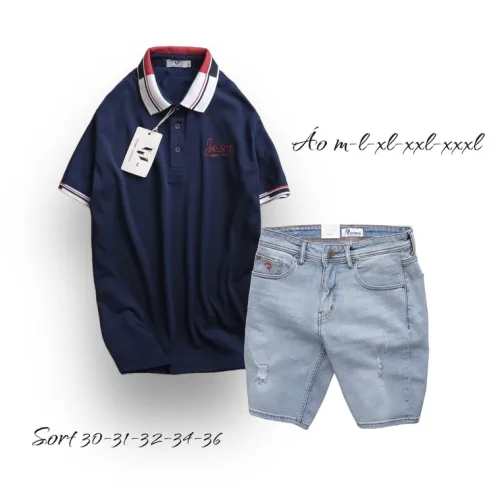Nguồn hàng sỉ set Bộ Nam Quần Short Jeans Phối Áo Thun Polo Cổ Bẻ Thêu Chữ Jasson