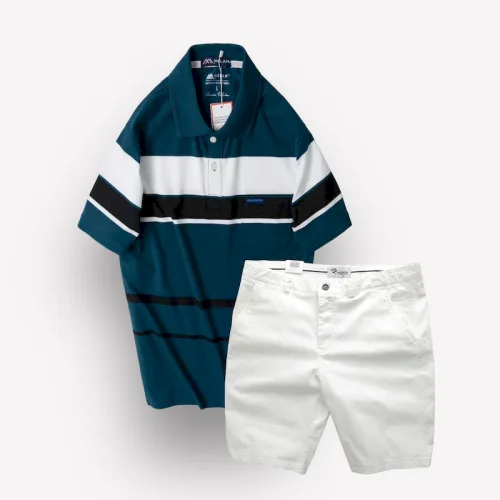 Bộ nam trung niên Melan cao cấp gồm áo thun sọc và quần short kaki