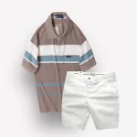 Bộ nam trung niên Melan cao cấp gồm áo thun sọc và quần short kaki