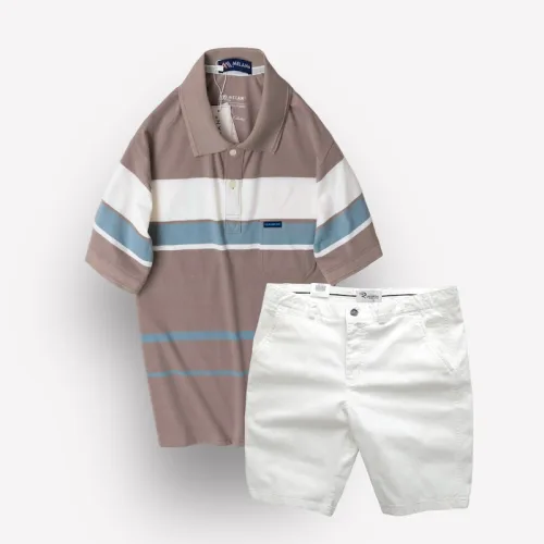 Bộ nam trung niên Melan cao cấp gồm áo thun sọc và quần short kaki