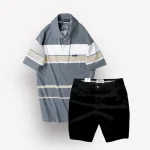 Bộ nam trung niên Melan cao cấp gồm áo thun sọc và quần short kaki