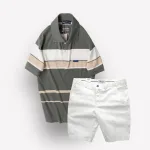 Bộ nam trung niên Melan cao cấp gồm áo thun sọc và quần short kaki