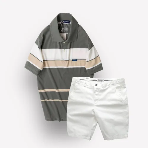 Bộ nam trung niên Melan cao cấp gồm áo thun sọc và quần short kaki