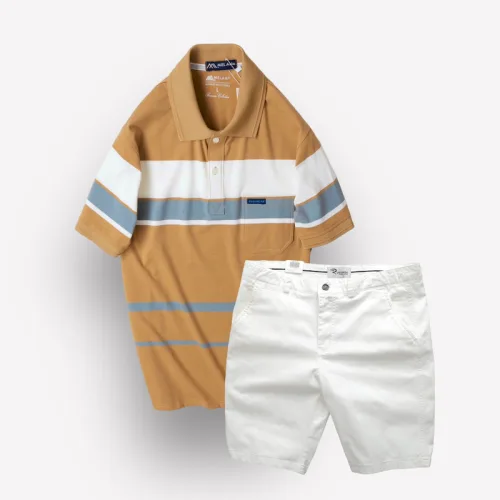 Bộ nam trung niên Melan cao cấp gồm áo thun sọc và quần short kaki