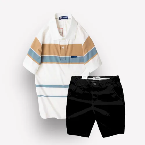 Bộ nam trung niên Melan cao cấp gồm áo thun sọc và quần short kaki