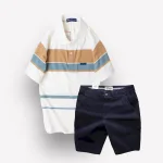 Bộ nam trung niên Melan cao cấp gồm áo thun sọc và quần short kaki