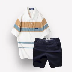 Bộ nam trung niên Melan cao cấp gồm áo thun sọc và quần short kaki