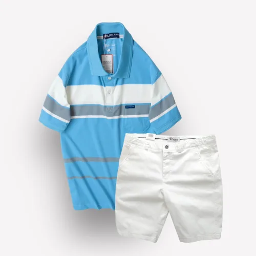 Bộ nam trung niên Melan cao cấp gồm áo thun sọc và quần short kaki