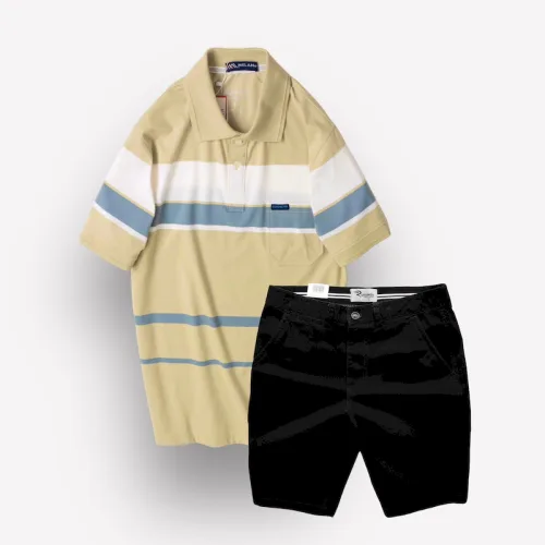 Bộ nam trung niên Melan cao cấp gồm áo thun sọc và quần short kaki