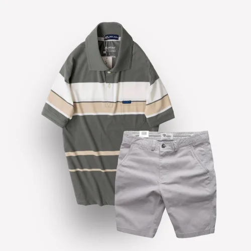 Bộ nam trung niên Melan cao cấp gồm áo thun sọc và quần short kaki