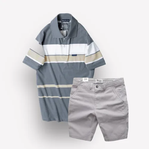 Bộ nam trung niên Melan cao cấp gồm áo thun sọc và quần short kaki