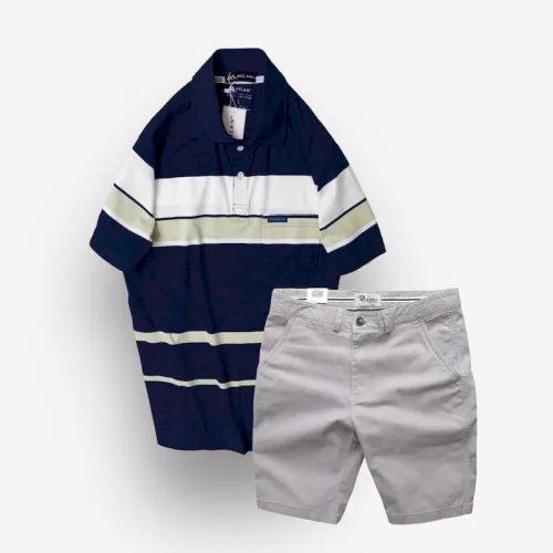 Bộ nam trung niên Melan cao cấp gồm áo thun sọc và quần short kaki