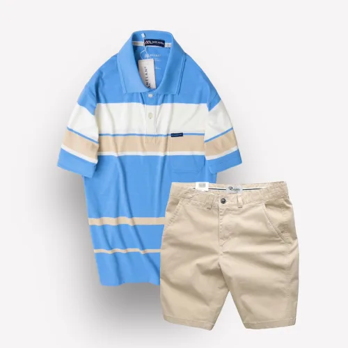 Bộ nam trung niên Melan cao cấp gồm áo thun sọc và quần short kaki