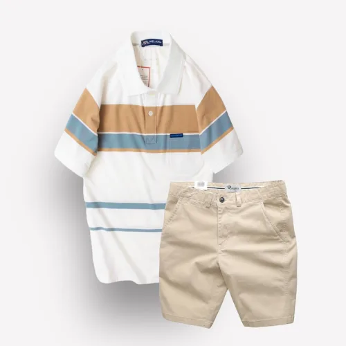Bộ nam trung niên Melan cao cấp gồm áo thun sọc và quần short kaki