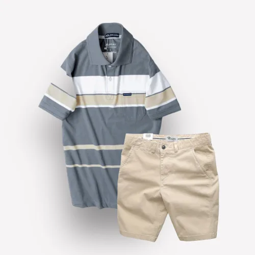 Bộ nam trung niên Melan cao cấp gồm áo thun sọc và quần short kaki