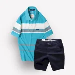 Bộ nam trung niên Melan cao cấp gồm áo thun sọc và quần short kaki