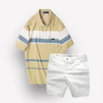 Bộ nam trung niên Melan cao cấp gồm áo thun sọc và quần short kaki