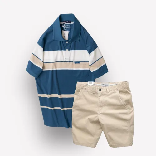 Bộ nam trung niên Melan cao cấp gồm áo thun sọc và quần short kaki