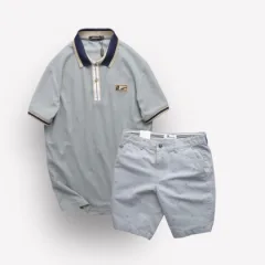 Bộ nam áo thun polo cổ bẻ logo chữ Rears phối quần short kaki in họa tiết