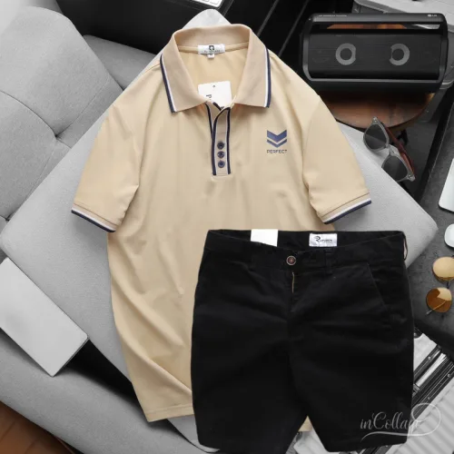 Nơi lấy sỉ set Bộ Nam Quần Short Kaki Lưng Thun Phối Áo Thun Pack Horse Polo Cổ Bẻ In Logo Chữ Prefect