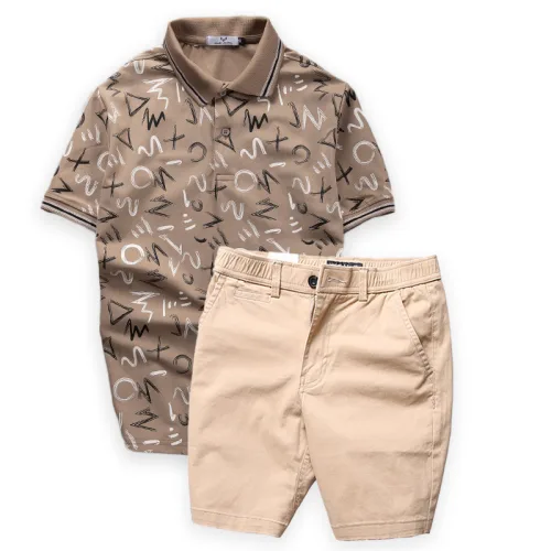 Shop sỉ set Bộ Nam Quần Short Kaki Lưng Thun Phối Áo Thun Polo Cổ Bẻ In Chữ MXO