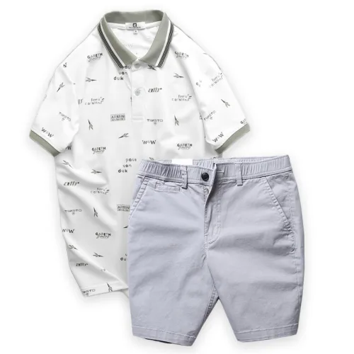 Set đồ nam áo polo cổ bẻ phối quần short kaki lưng thun họa tiết