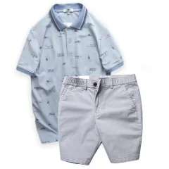 Set đồ nam áo polo cổ bẻ phối quần short kaki lưng thun họa tiết