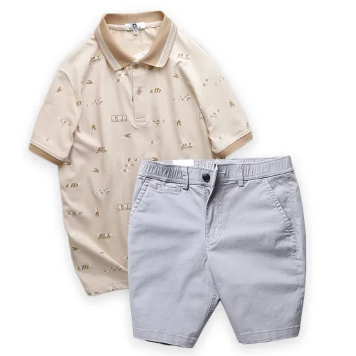 Set đồ nam áo polo cổ bẻ phối quần short kaki lưng thun họa tiết