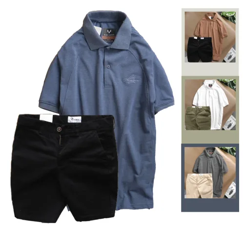 Set nam quần short kaki phối áo cổ bẻ thêu chữ