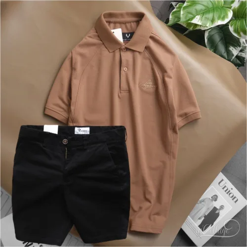Set nam quần short kaki phối áo cổ bẻ thêu chữ