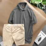 Set nam quần short kaki phối áo cổ bẻ thêu chữ