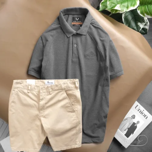 Set nam quần short kaki phối áo cổ bẻ thêu chữ
