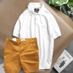 Set nam quần short kaki phối áo cổ bẻ thêu chữ