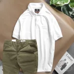 Set nam quần short kaki phối áo cổ bẻ thêu chữ