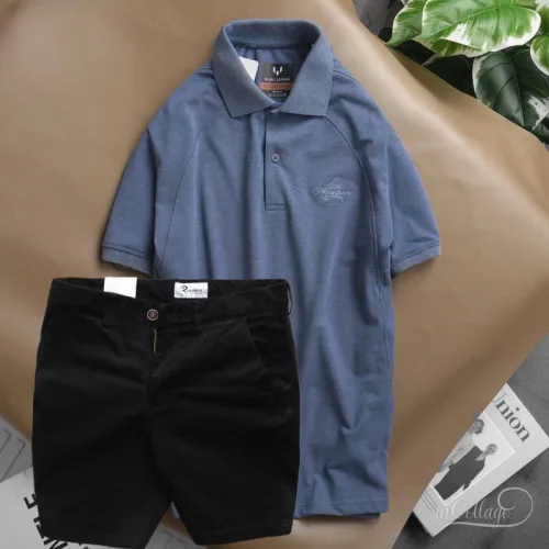 Set nam quần short kaki phối áo cổ bẻ thêu chữ