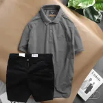 Set nam quần short kaki phối áo cổ bẻ thêu chữ