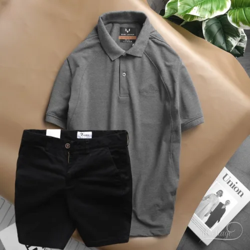 Set nam quần short kaki phối áo cổ bẻ thêu chữ
