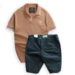 Chỗ sỉ set Bộ Nam Quần Short Kaki Phối Áo Thun Cá Sấu Cổ Bẻ Viền Bo Ngực Thêu Logo Chữ R