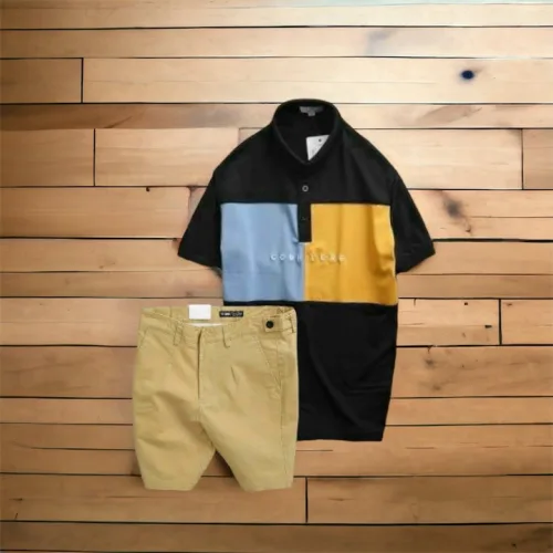 Nguồn hàng sỉ set Bộ Nam Quần Short Kaki Phối Cúc Áo Thun Cổ Bẻ Thêu Chữ Phối Màu